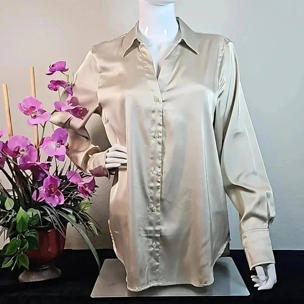 H&M Button Down Long Sleeve Top Silky Beige Size M